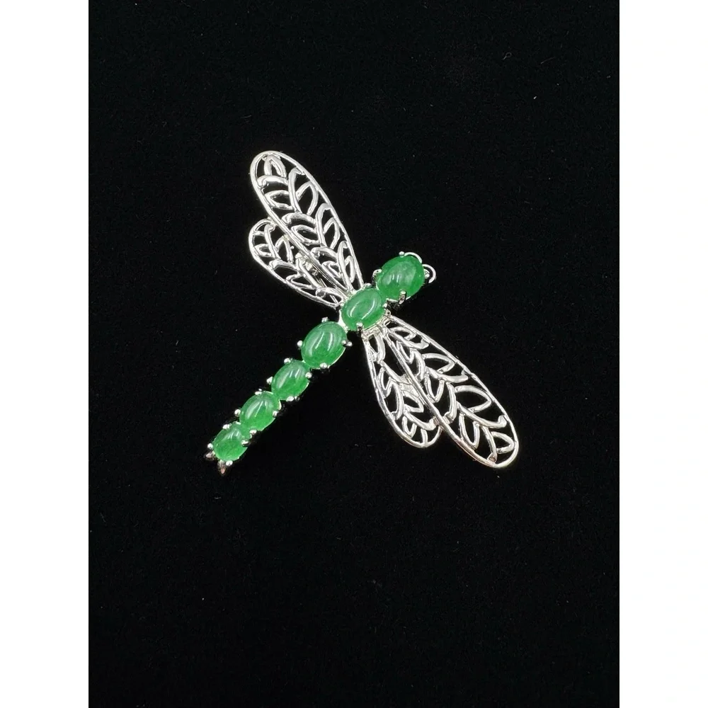 Silver Tone Jadeite Openwork Dragonfly Brooch Pin Bug‎ Jewelry